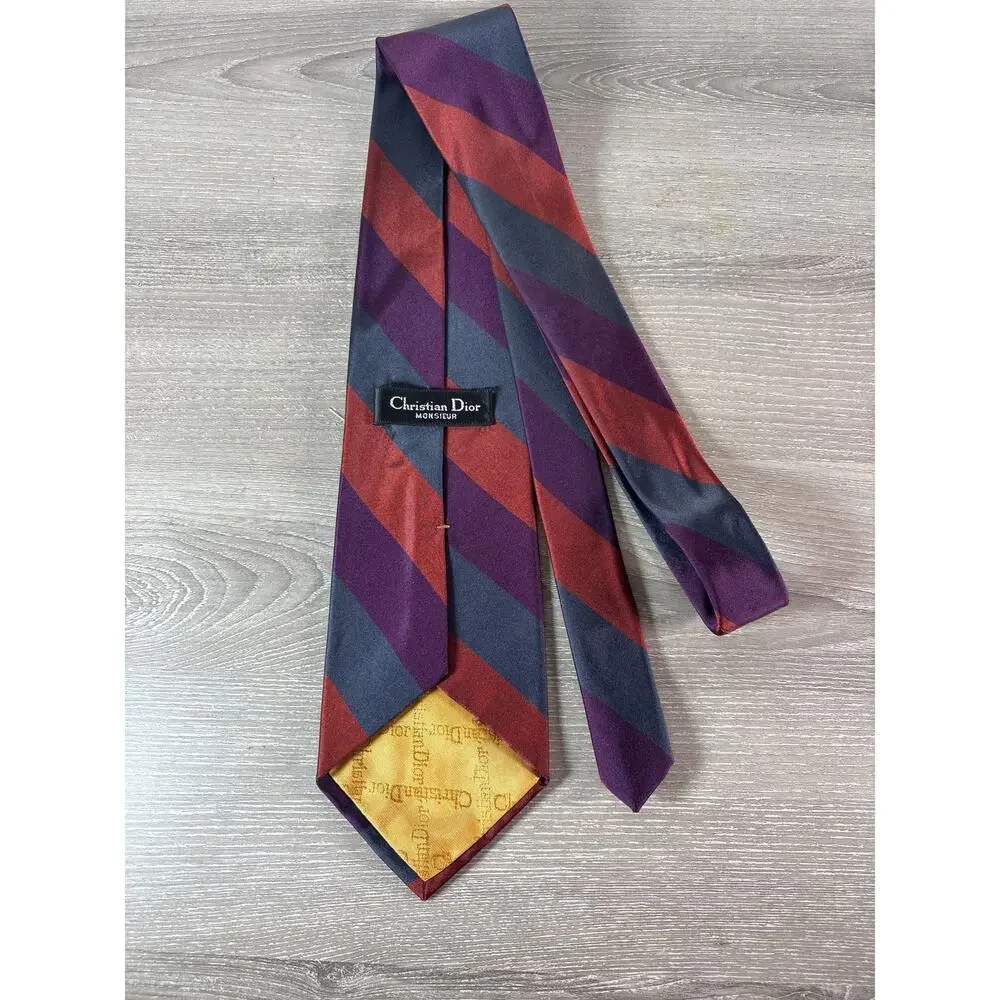 Vintage Christian Dior Monsieur Silk Tie- Burgundy, Plum Gray‎ Diagonal Stripped